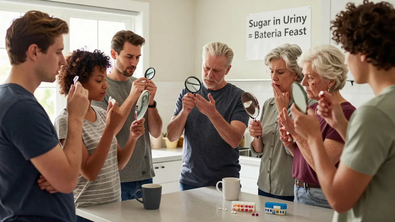 A group of diverse individuals checking their skin for signs of infection, with a poster about diabetes medication risks visible.
