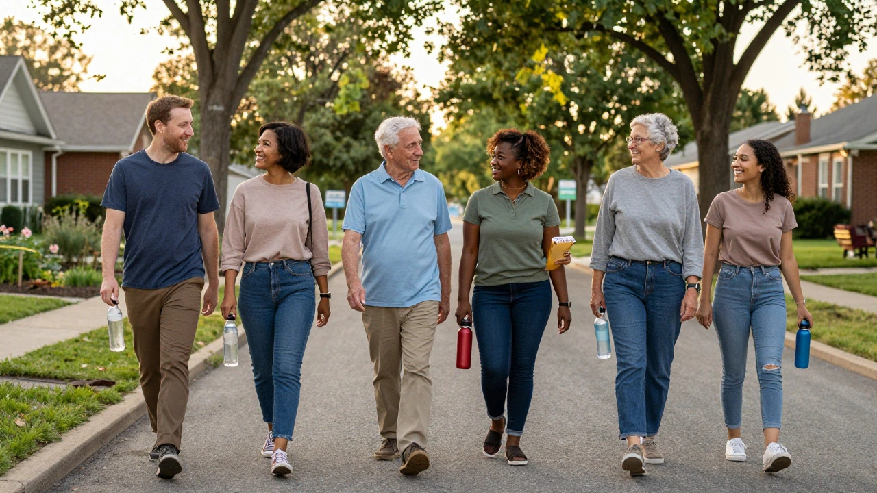 A group of people walk together on a sunny street, embodying healthy lifestyle habits.