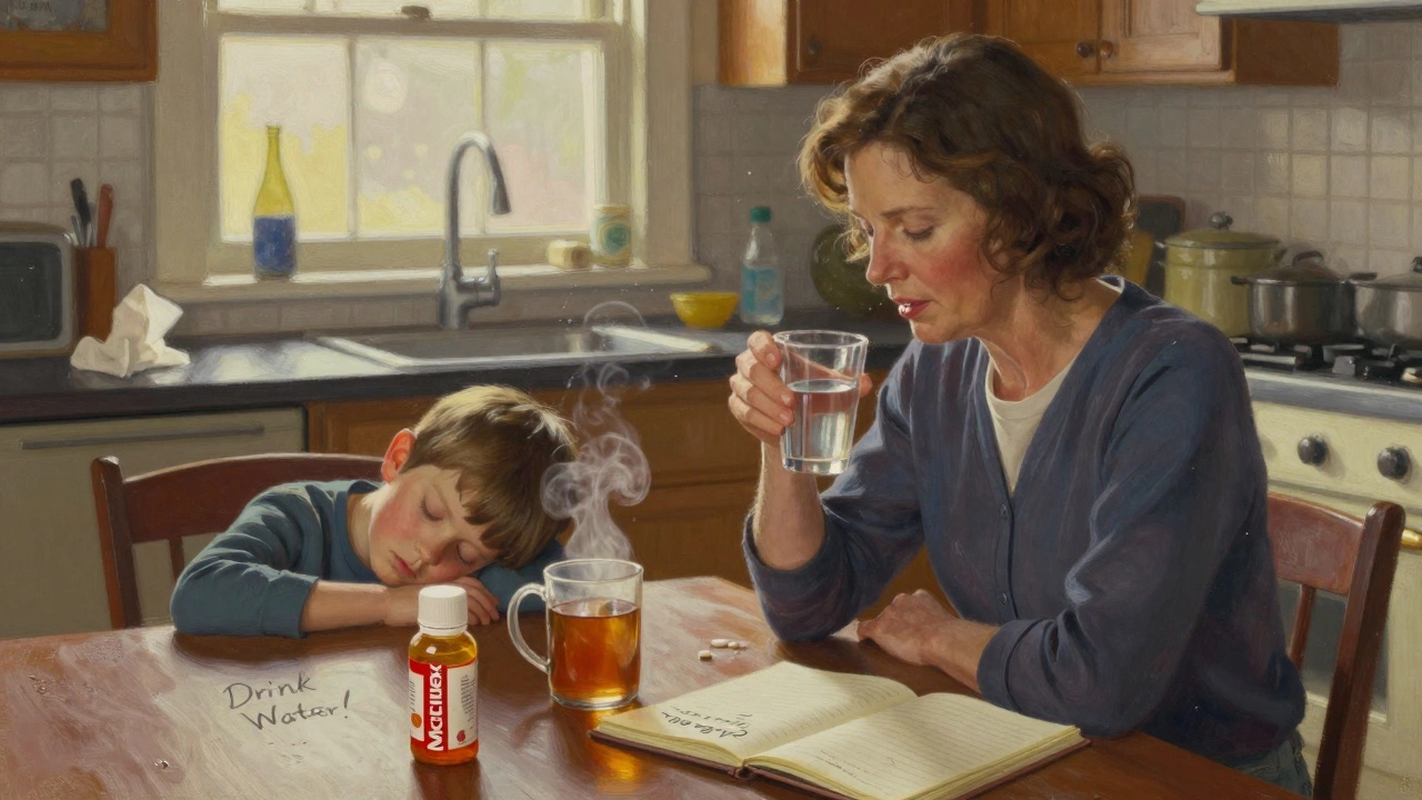 A mother and sleeping child at a kitchen table with Mucinex and a glass of water, morning light streaming through the window.