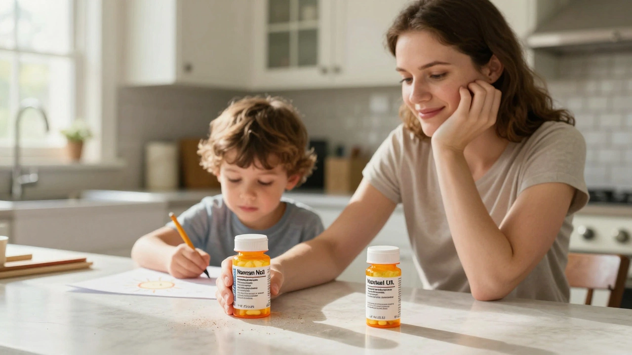 A mother comparing generic and brand-name pill bottles in a sunny kitchen with her child drawing nearby.