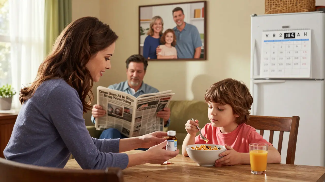 A mother places generic pills beside cereal as her family enjoys breakfast, with news of AI drug monitoring on the table.