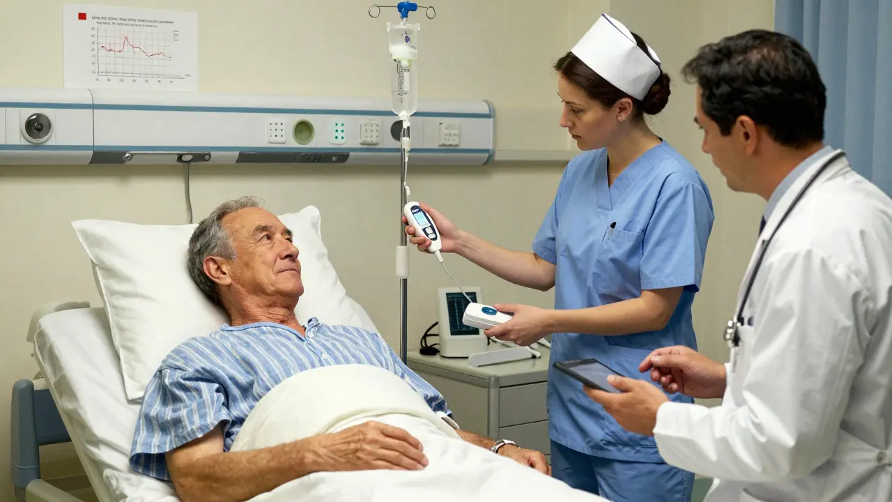 A nurse monitors a patient's IV hydration and urine output with a handheld device in a hospital room.