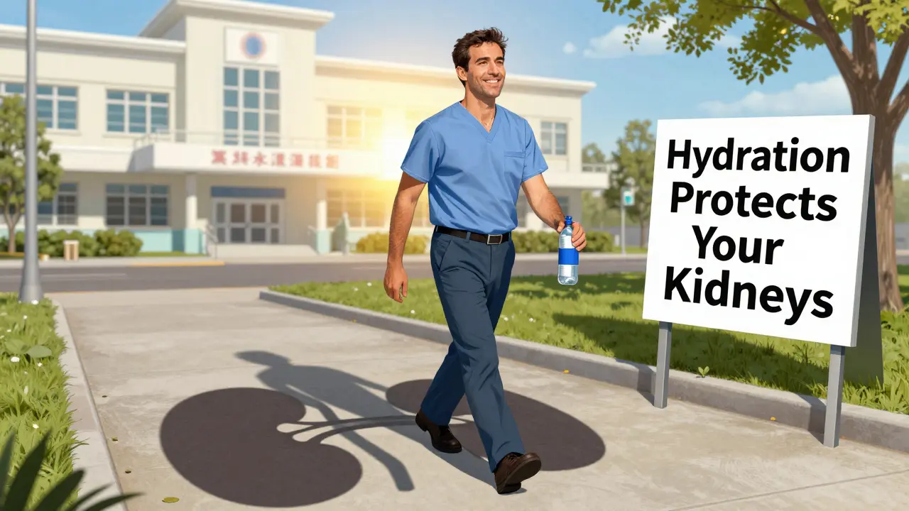 A patient walks away from a clinic holding a water bottle, his shadow shaped like healthy kidneys.