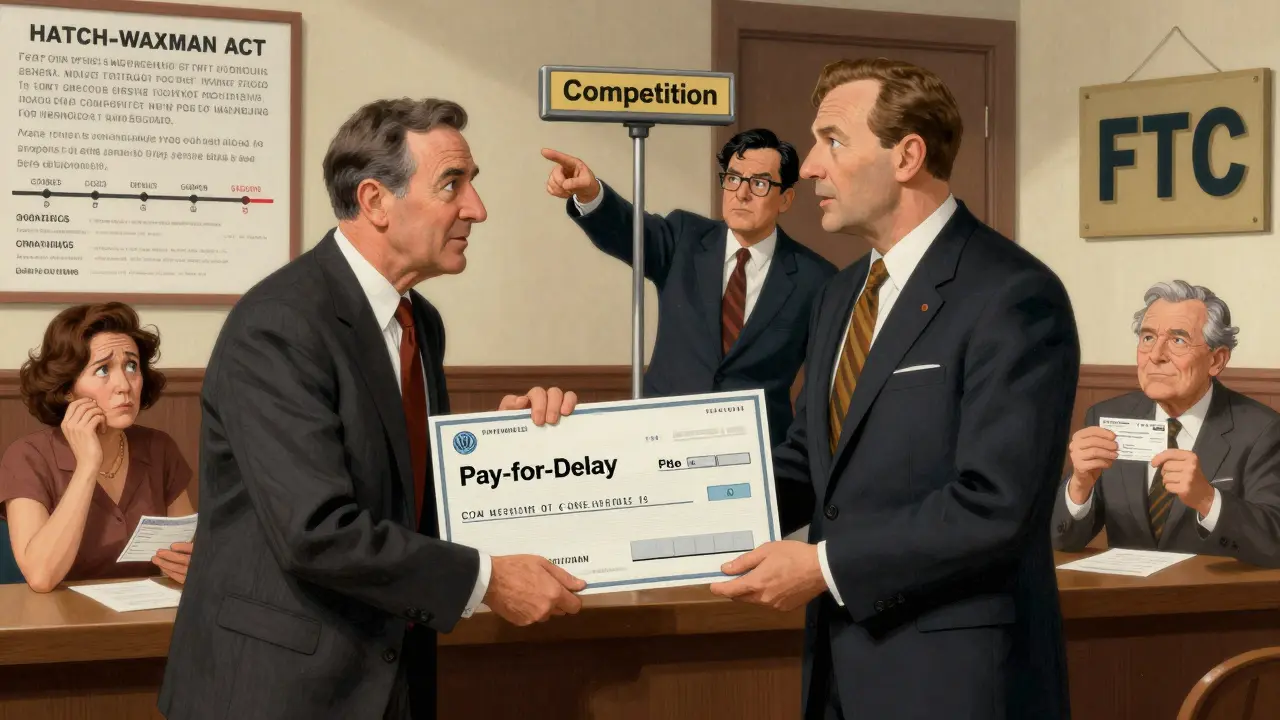 A pharmaceutical executive hands a large check to a generic manufacturer as an FTC agent points to a scale of competition.