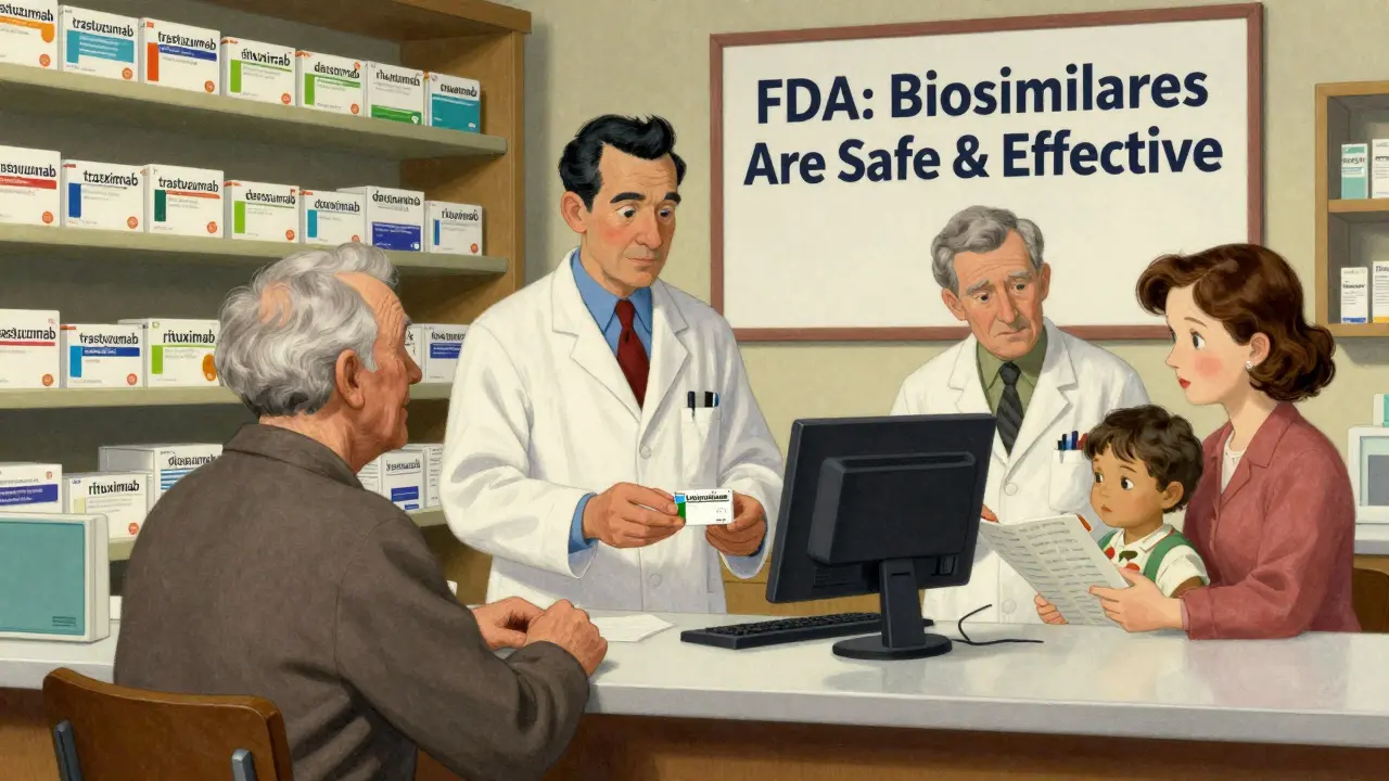 A pharmacist hands a biosimilar prescription to an elderly patient in a cozy American pharmacy, with a doctor nearby and biosimilar boxes on the shelf.