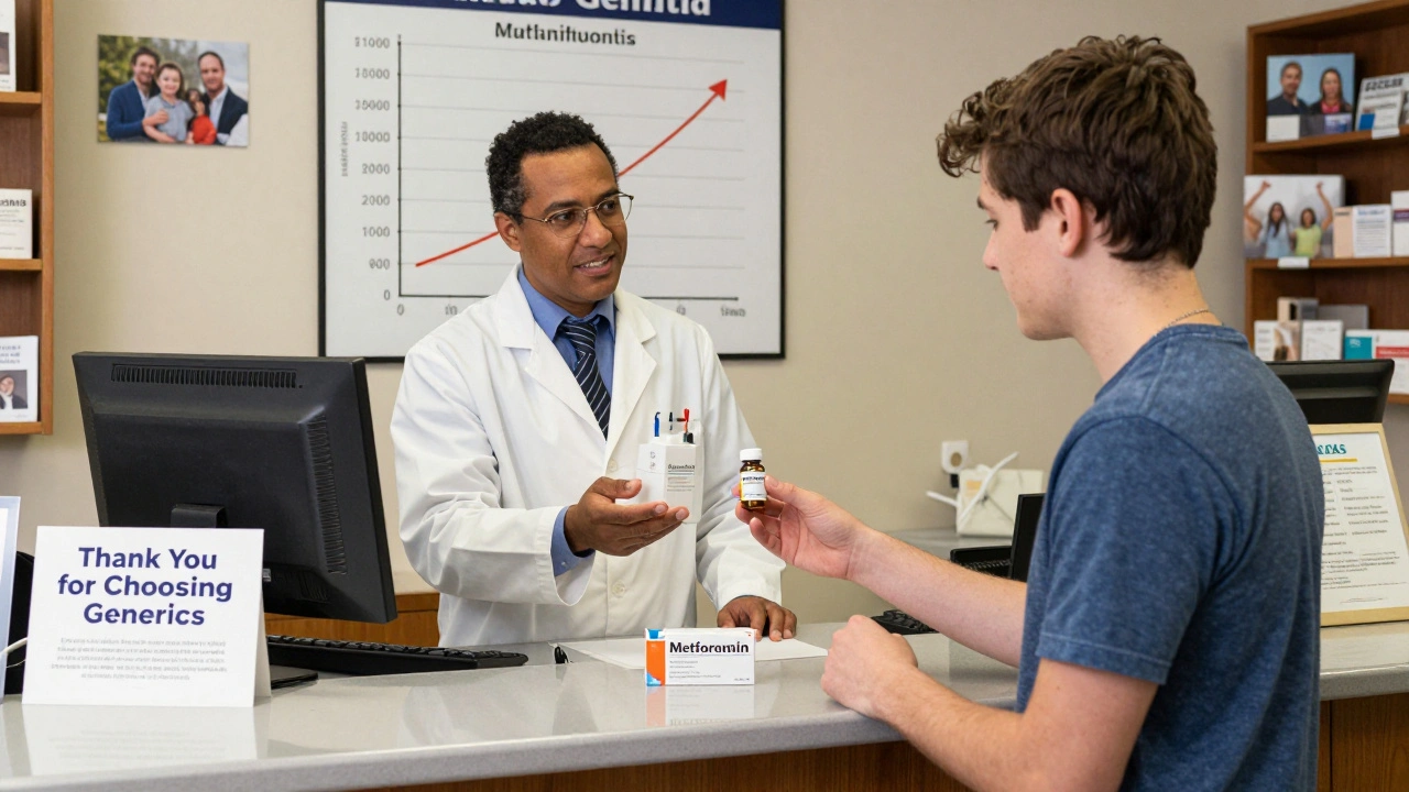 A pharmacist shows a young man how a generic diabetes pill costs far less than the brand-name version.