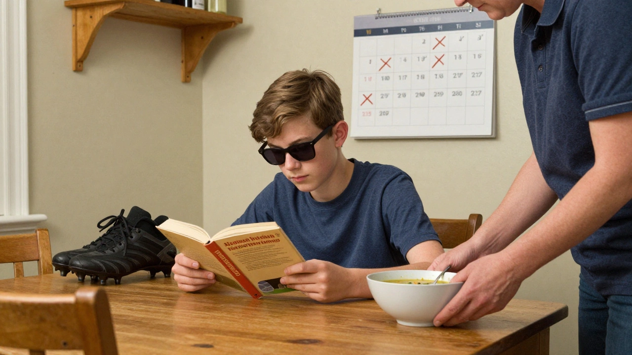 A teenager reads at the kitchen table with sunglasses on, parents nearby, cleats tucked away under the chair.