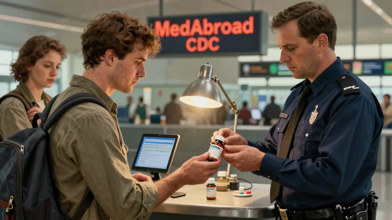 A traveler handing medication to a customs officer, with CDC MedAbroad sign visible in background.