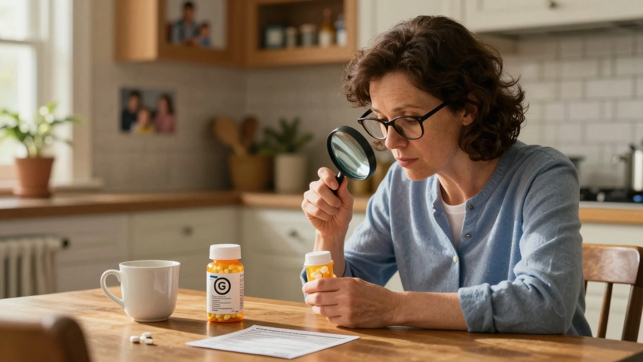 A woman examining two identical pill bottles side by side on a kitchen table, using a magnifying glass in morning light.