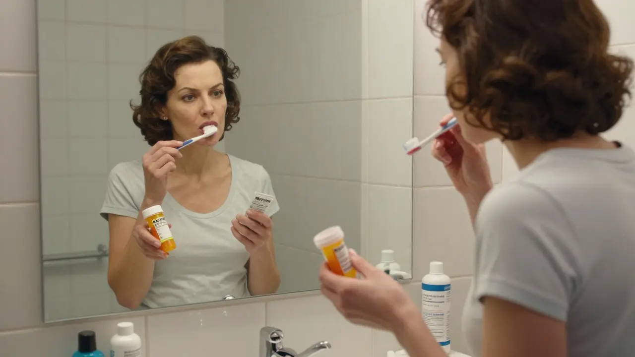 A woman reading her pill label aloud while brushing her teeth in the bathroom.