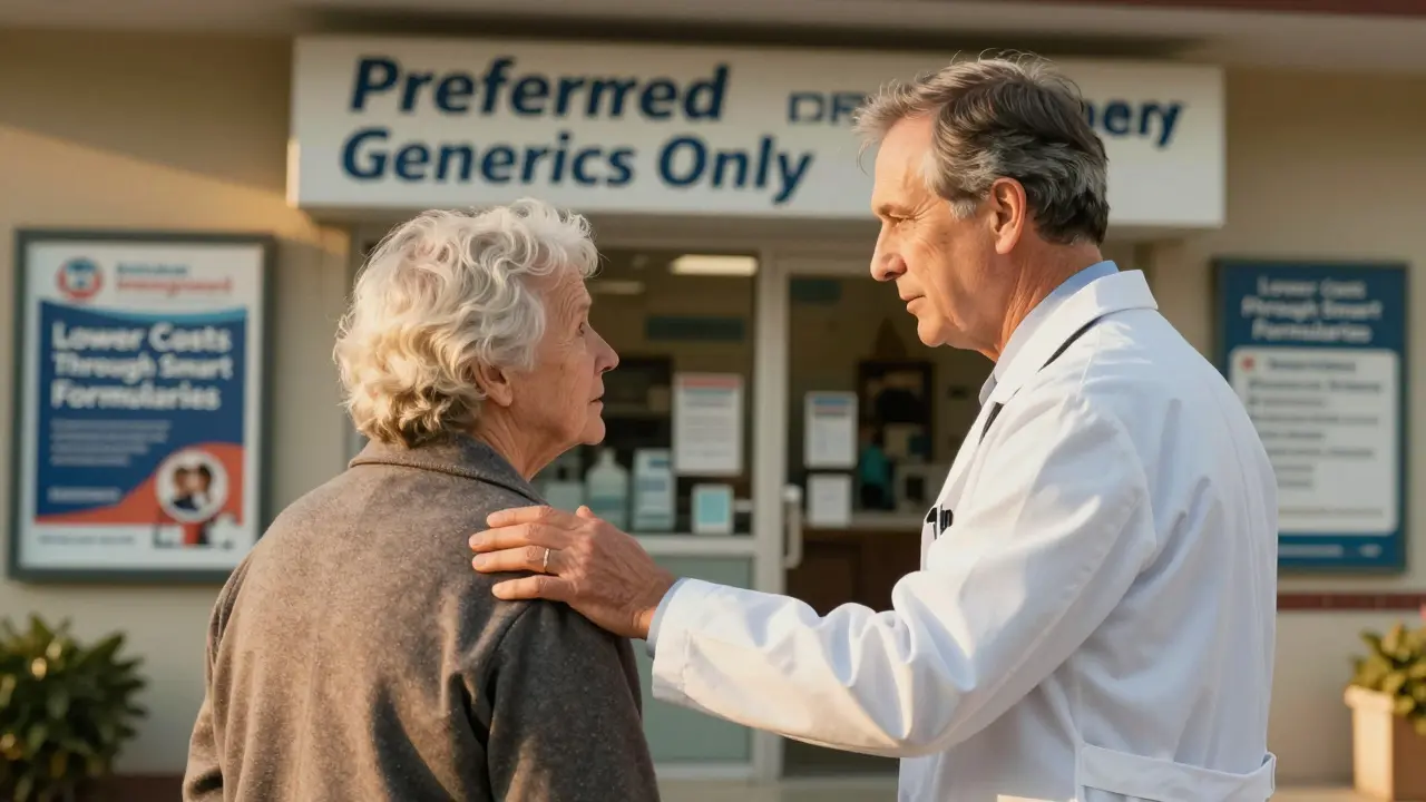An elderly patient and doctor outside a clinic, looking toward a pharmacy sign about preferred generics.