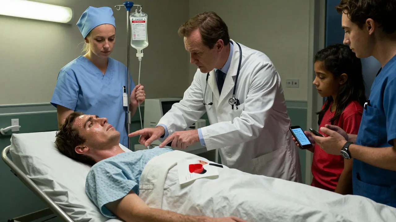 An emergency room scene with a patient in distress and medical staff responding urgently to signs of infection.