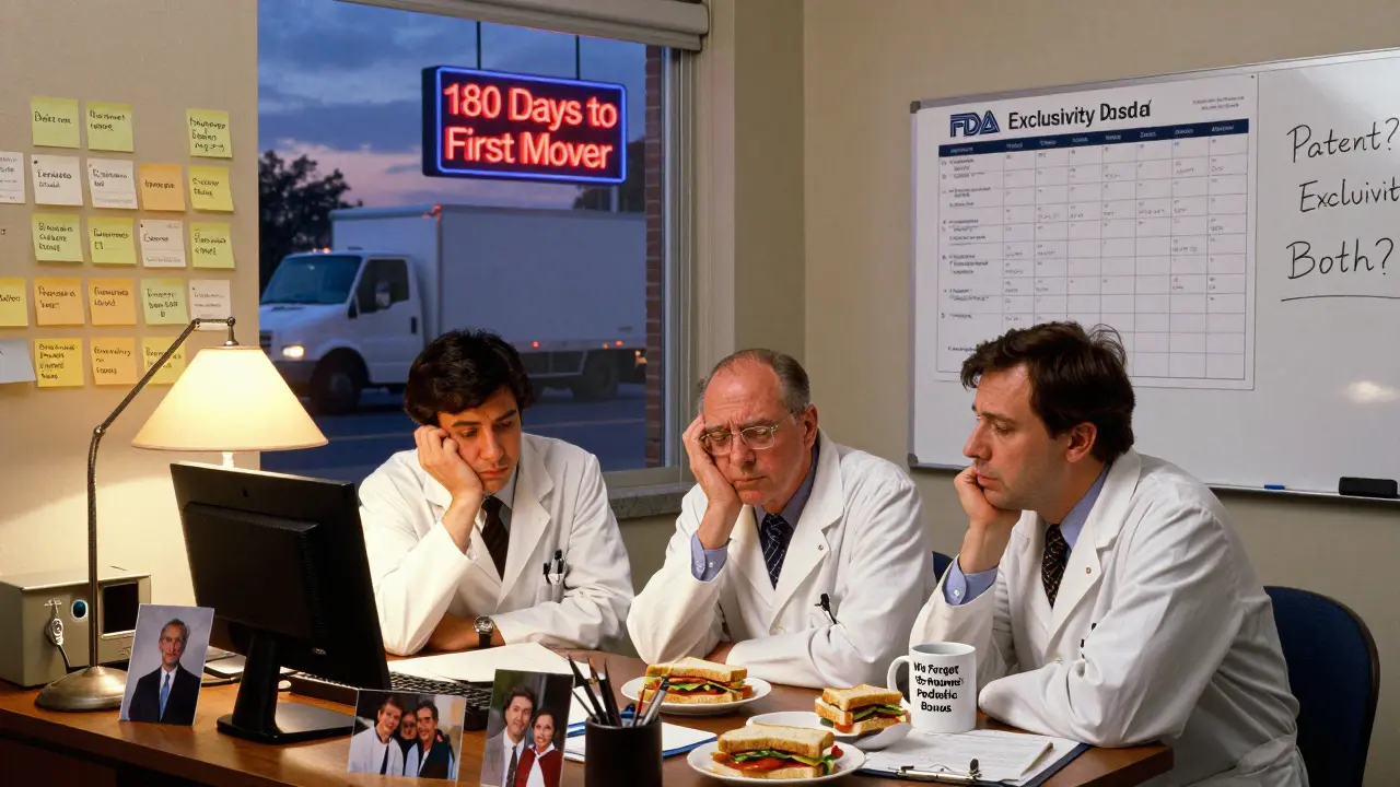 Biotech team in a dim office studying FDA exclusivity dashboard, generic truck driving away outside the window.
