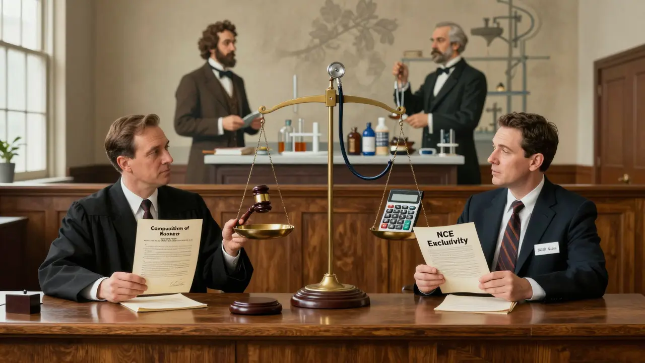 Courtroom scene with judge balancing patent and FDA exclusivity documents on a scale, stethoscope and calculator on either side.