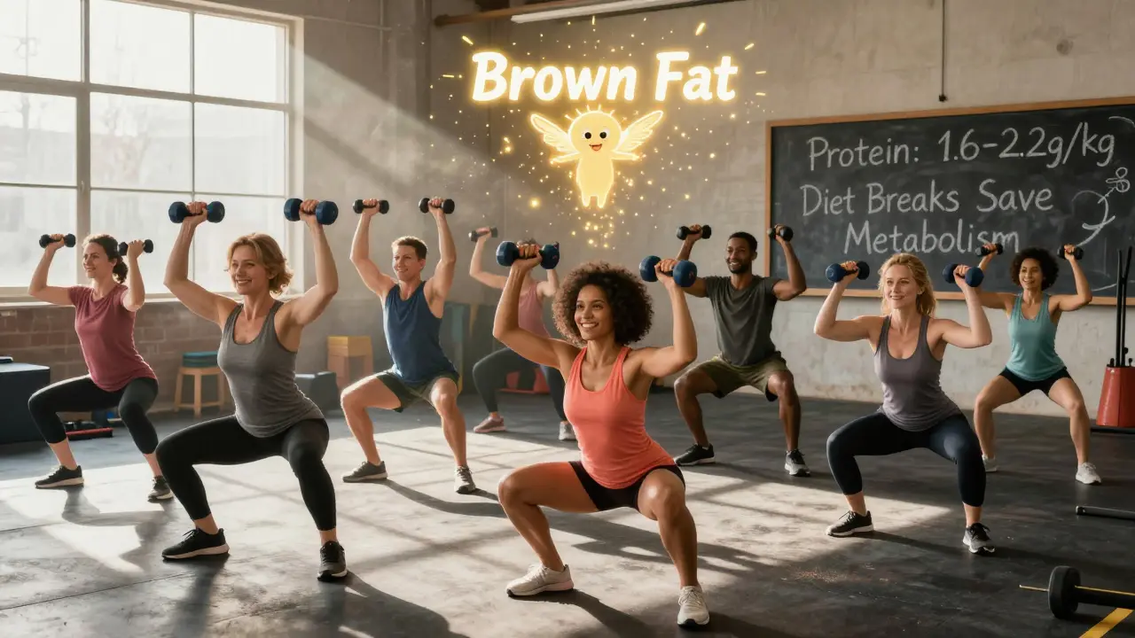 Diverse group lifting weights in gym as brown fat sprite glows above them.