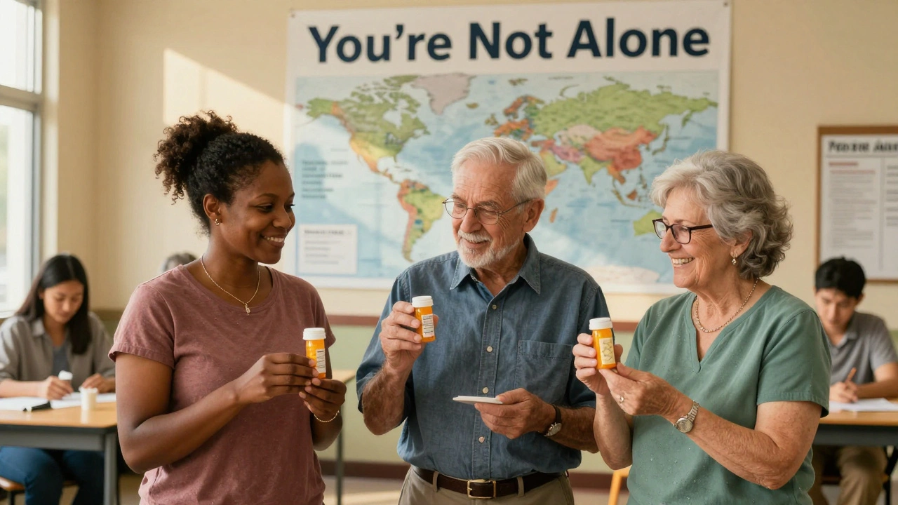 Diverse group of people holding thyroid medication with supportive poster in background.