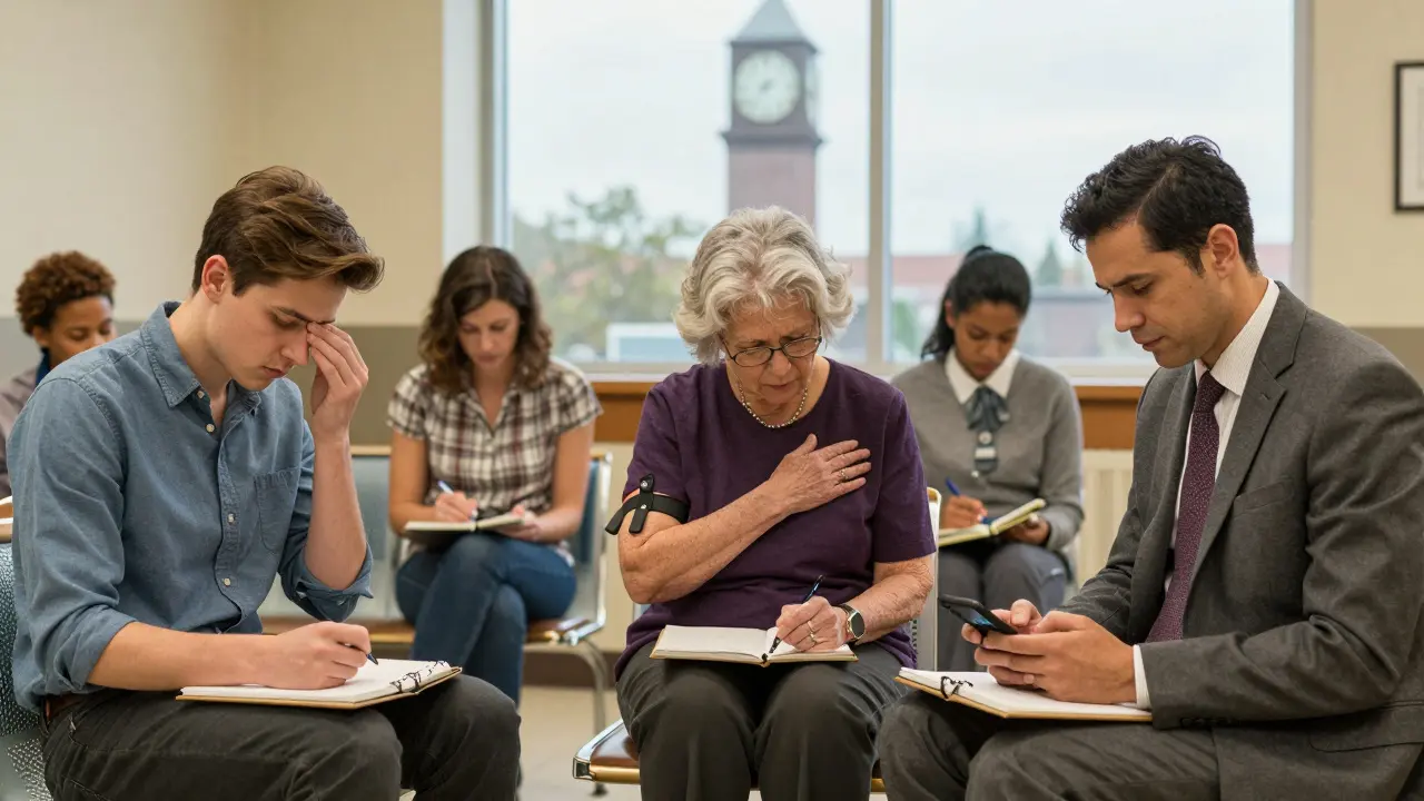 Diverse patients in clinic waiting room quietly tracking side effects with notebooks and apps.