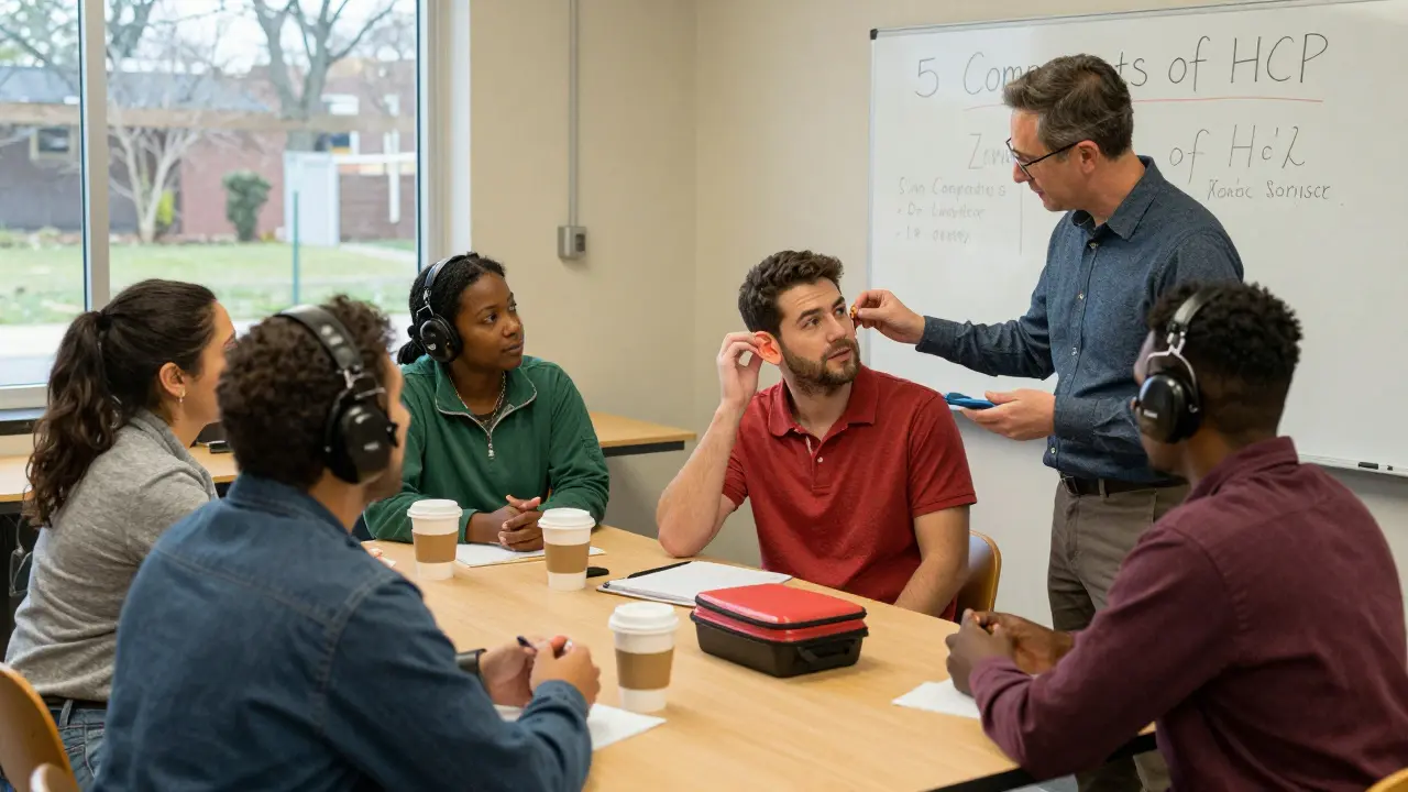 Diverse workers learning to insert earplugs during training, supervisor demonstrating with model ear.
