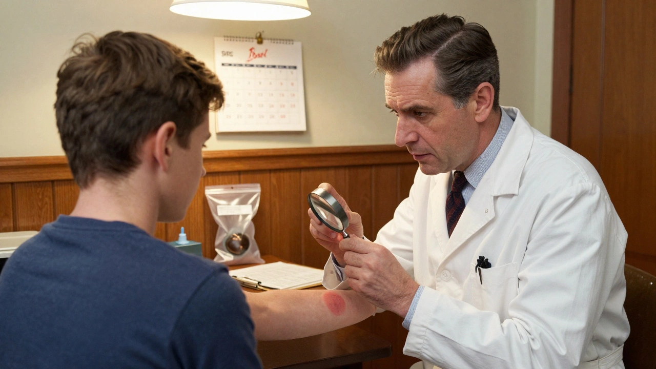Doctor examines bull’s-eye rash on patient&#039;s arm in cozy 1950s office with tick in bag.