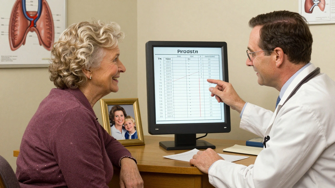 Doctor showing blood test results to elderly patient in warm office setting.