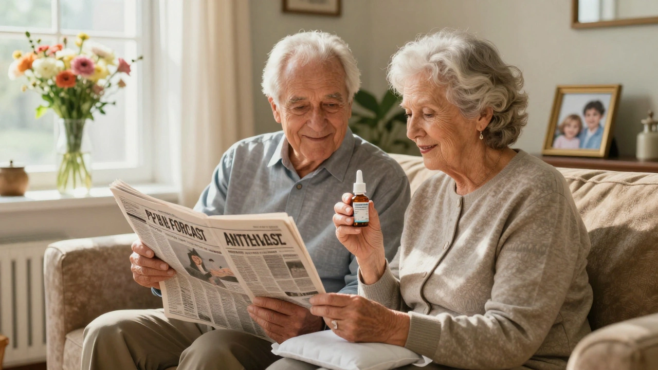 Elderly couple reading pollen forecast while holding eye drops in sunlit living room