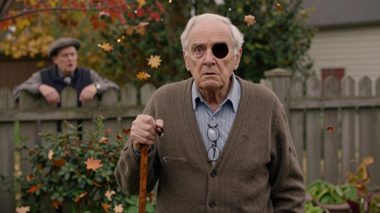 Elderly man noticing sudden vision loss in one eye while standing in his garden.