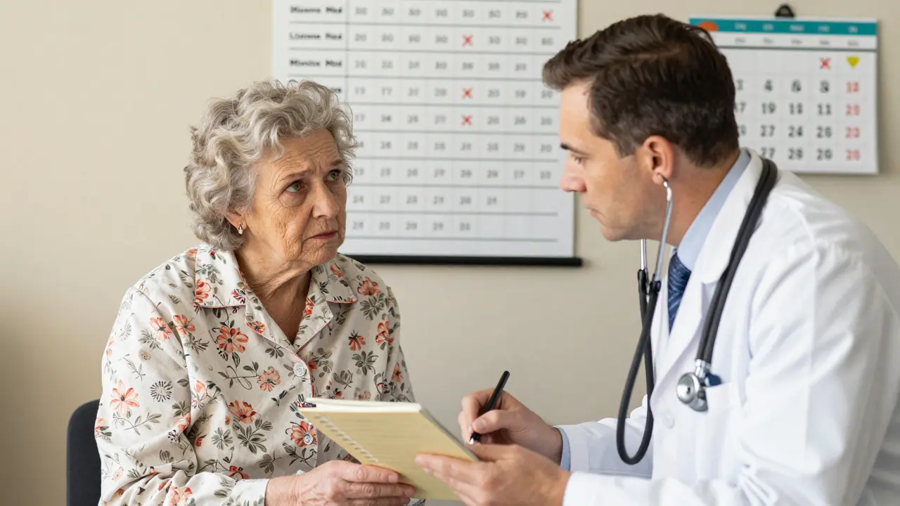Elderly woman discussing medication side effects with doctor, holding symptom journal in cozy clinic.