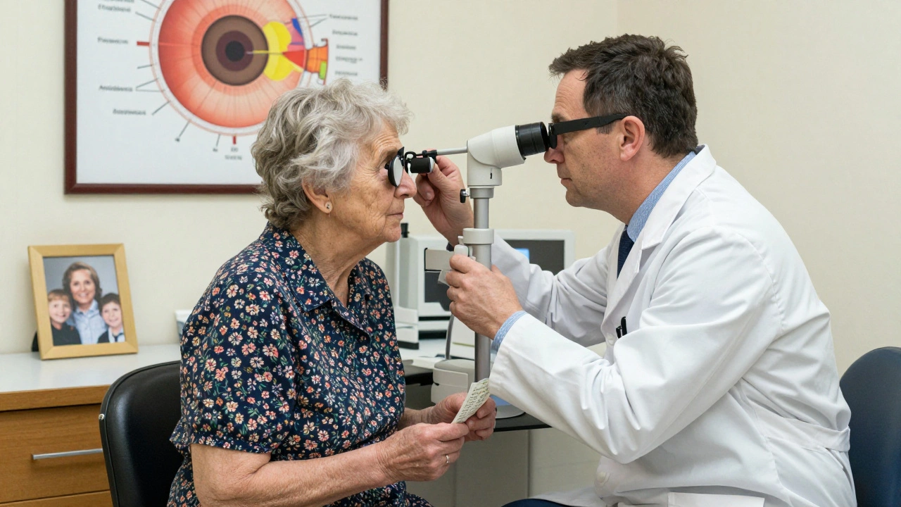 Elderly woman receiving eye exam from doctor, with medication list and family photo in background.