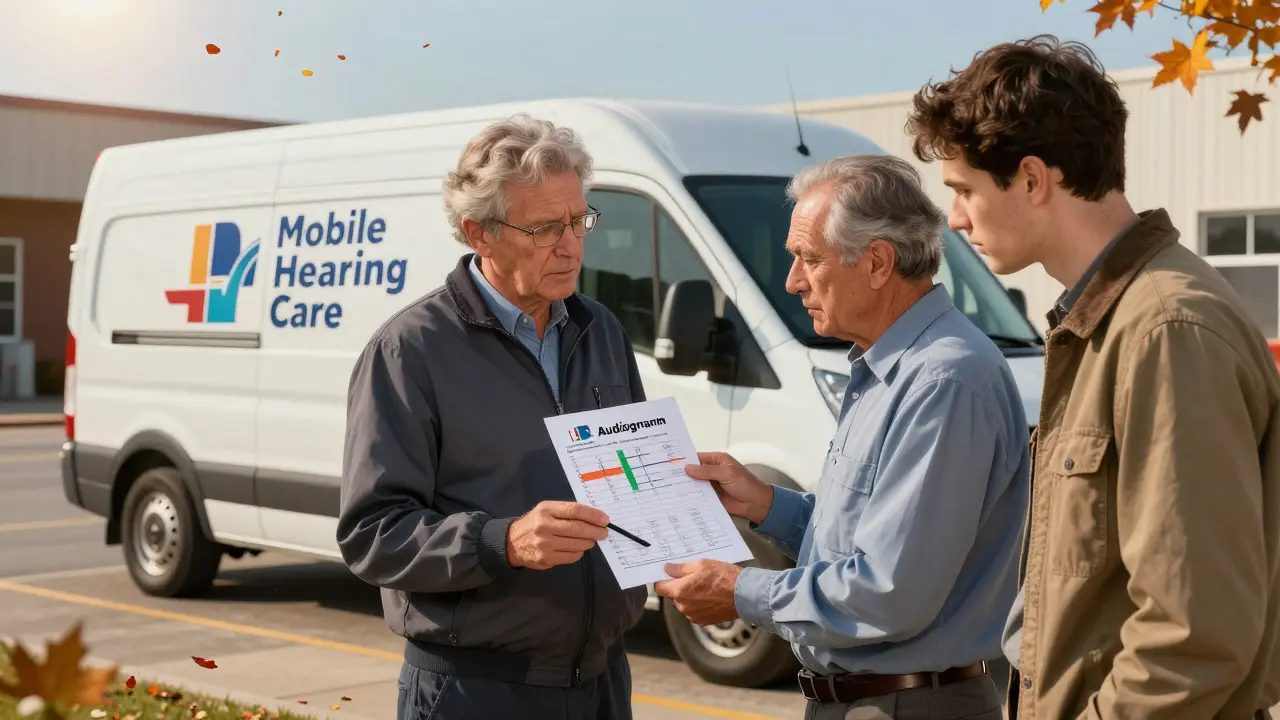 Employer shows audiogram to worker beside mobile testing van, autumn leaves and sunset in background.
