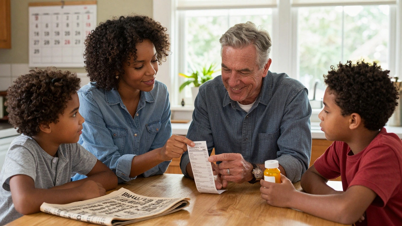 Family at kitchen table examining a prescription receipt showing an authorized generic option.