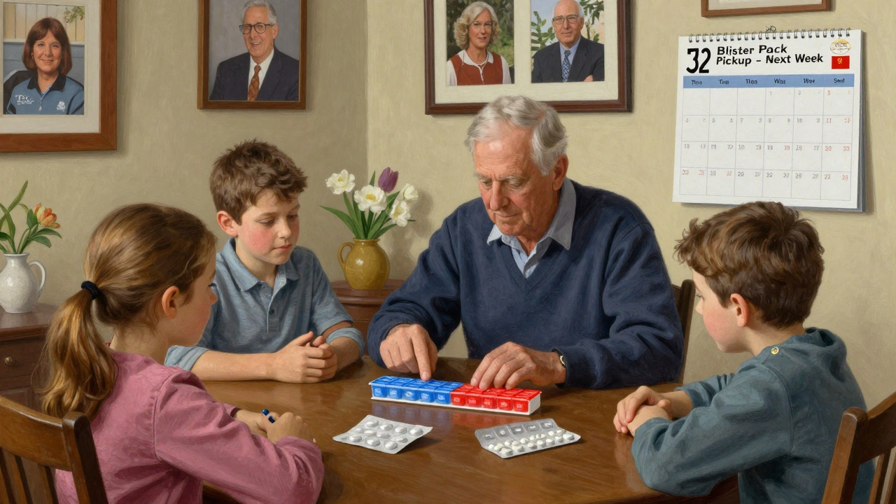 Family helping an elderly man refill a color-coded pill organizer during a Sunday morning meal.