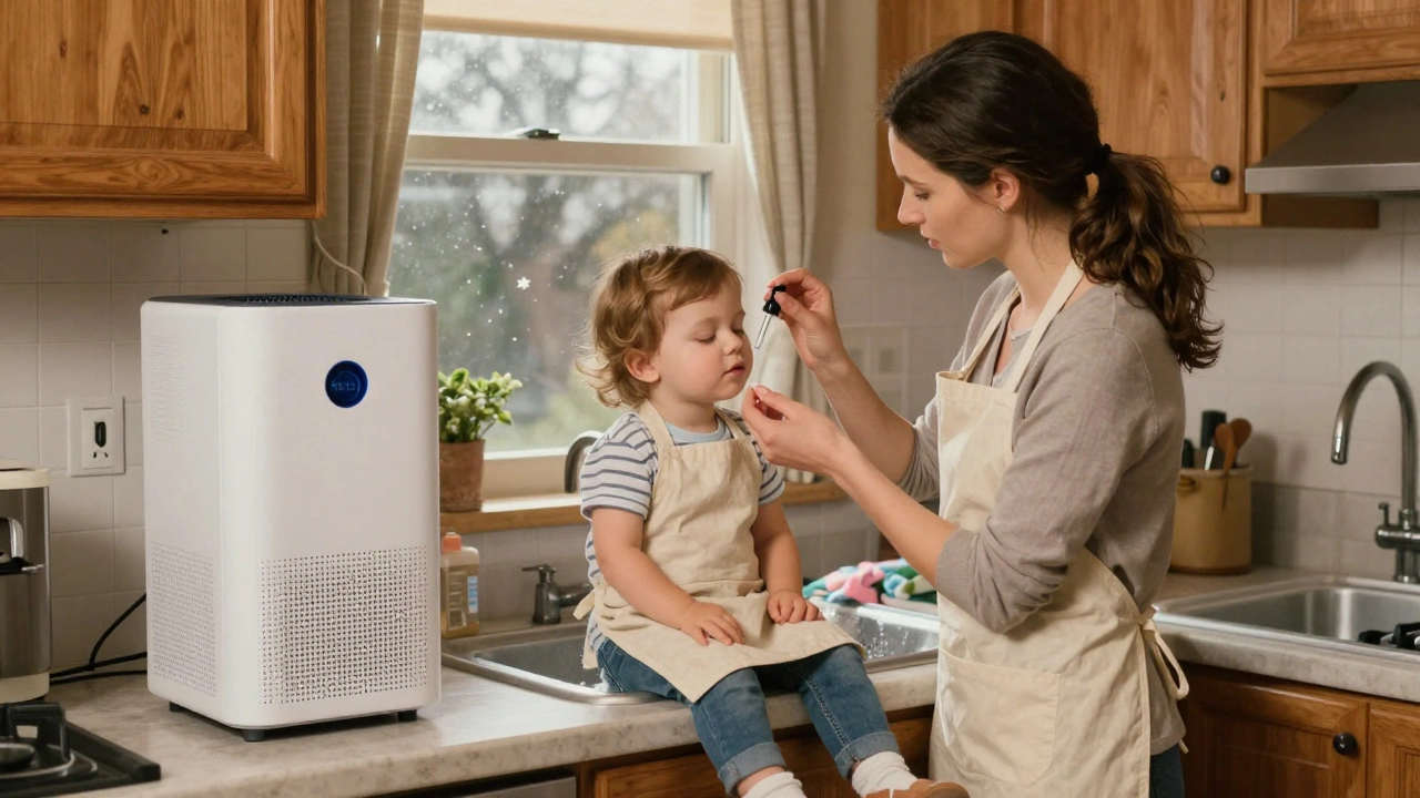 Mother giving eye drops to toddler in kitchen with air purifier and closed windows