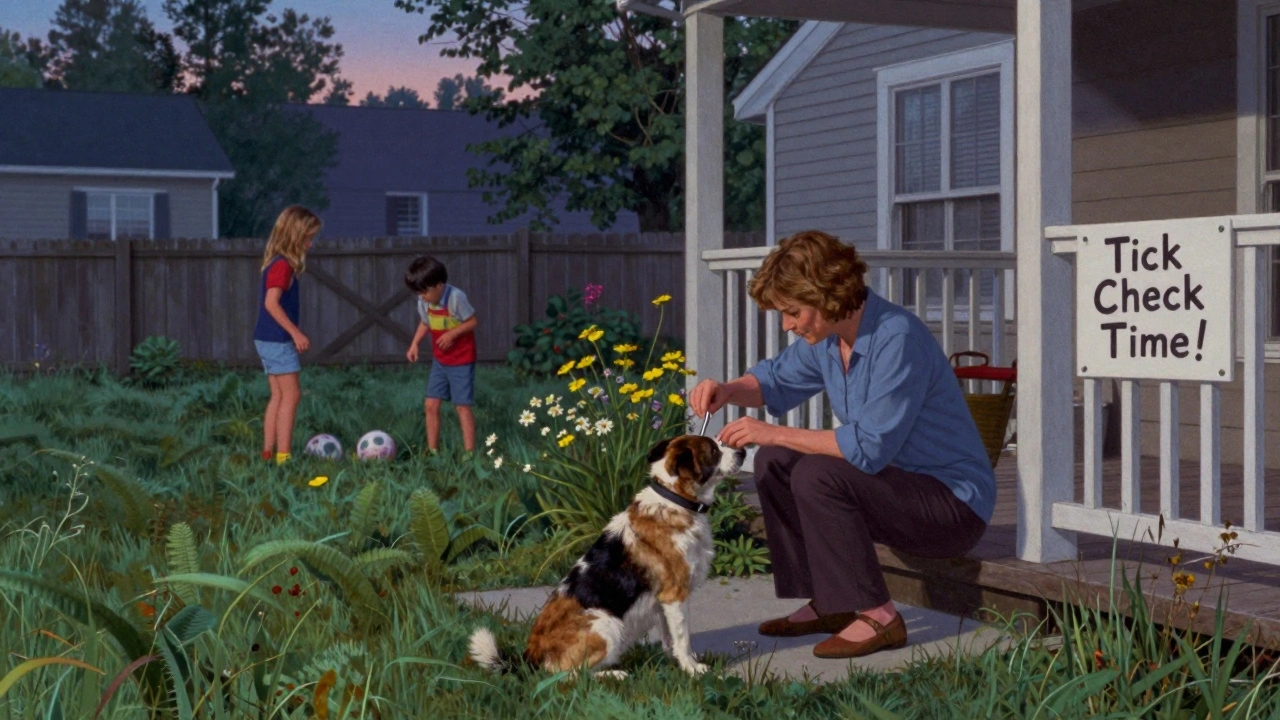 Mother removes tick from dog in backyard at dusk, children playing nearby, tall grass around.