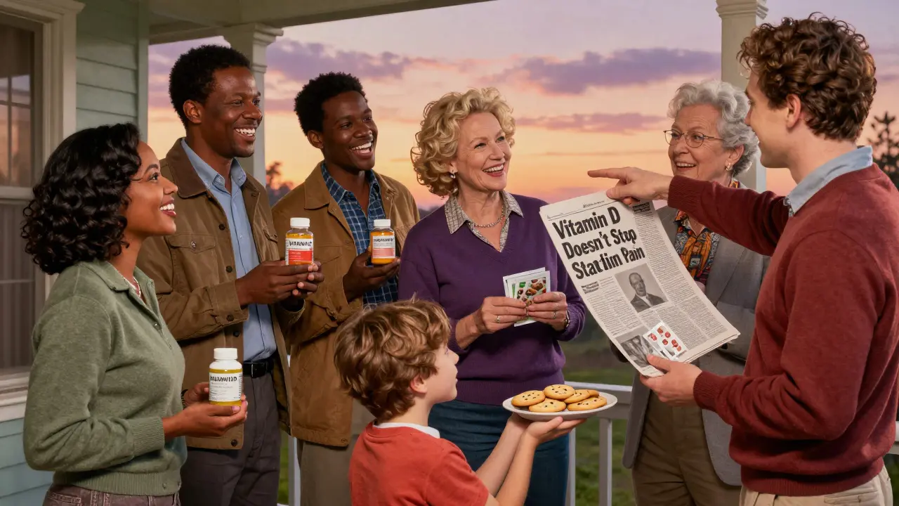 Neighbors on a porch laugh together, holding supplements as a newspaper headline reveals the truth.