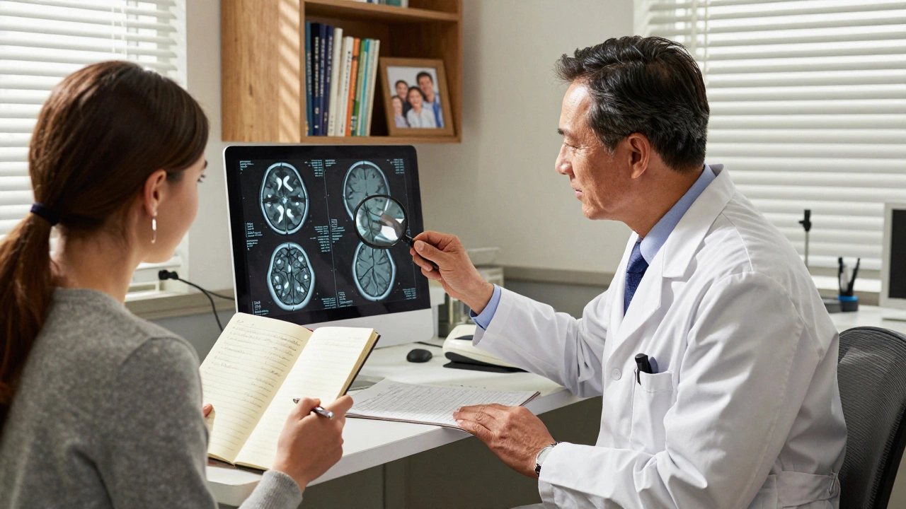 Neuro-ophthalmologist reviewing patient&#039;s aura symptoms and MRI scan in a warm office.