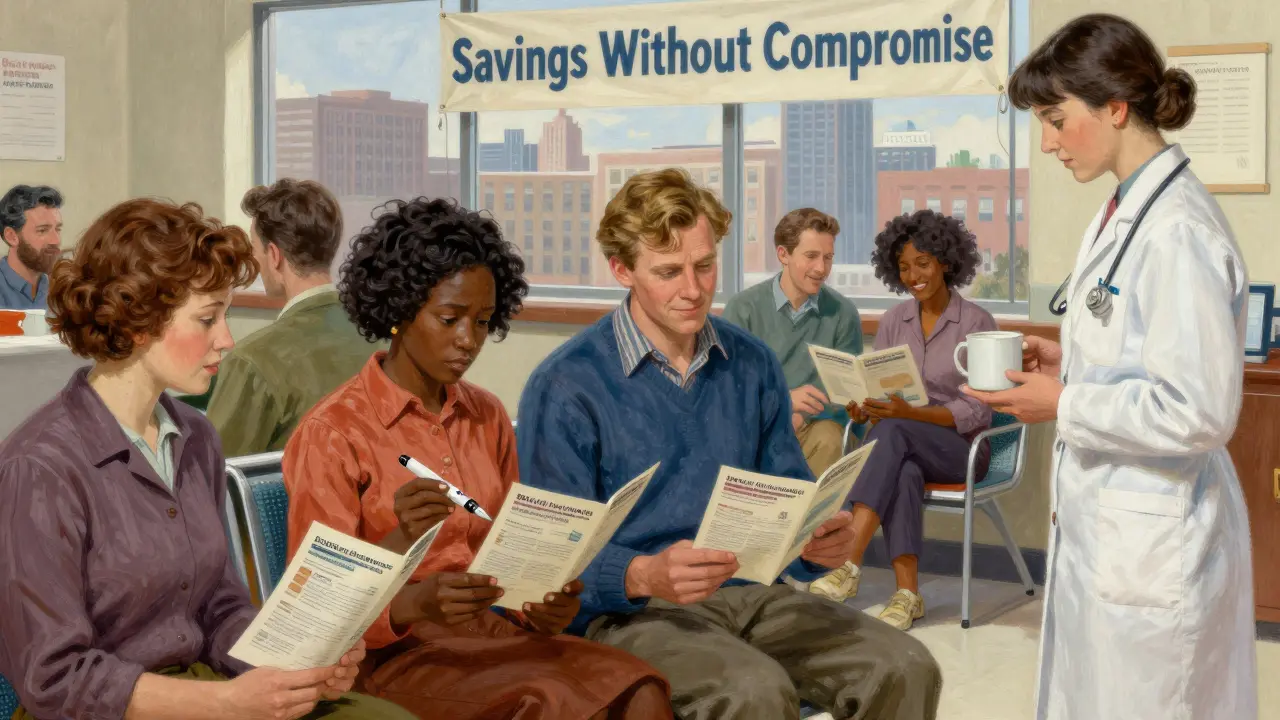 Patients in a clinic wait calmly with brochures about biosimilars, one holding an insulin pen.