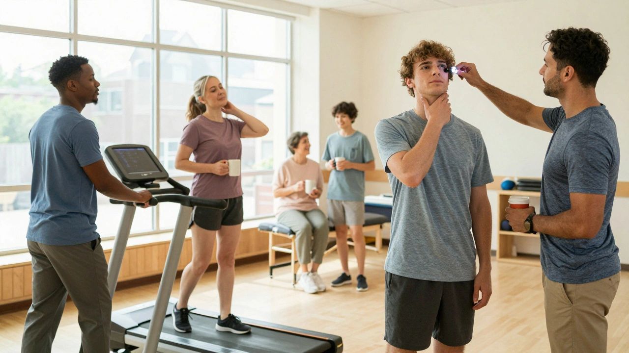 Patients in a warm rehab center doing gentle exercises with therapists and supportive families nearby.