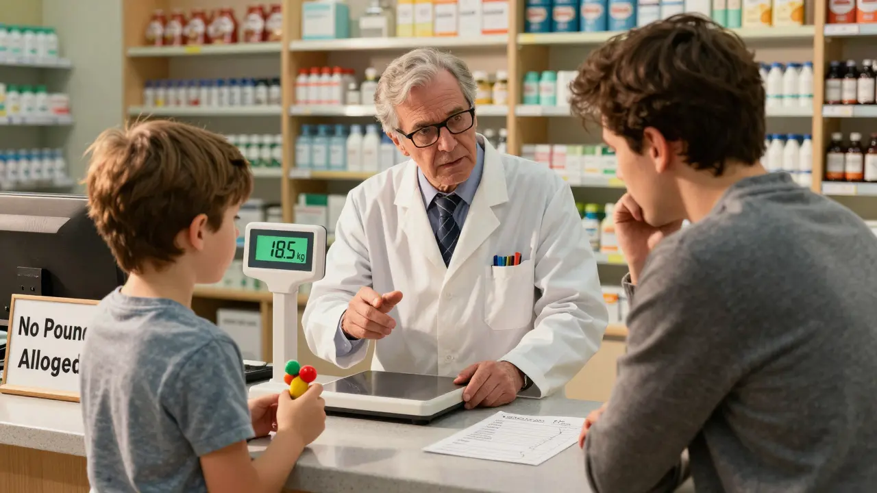 Pharmacist explaining pediatric dosing to a parent, with a scale showing 18.5 kg and 'No Pounds Allowed' sign.