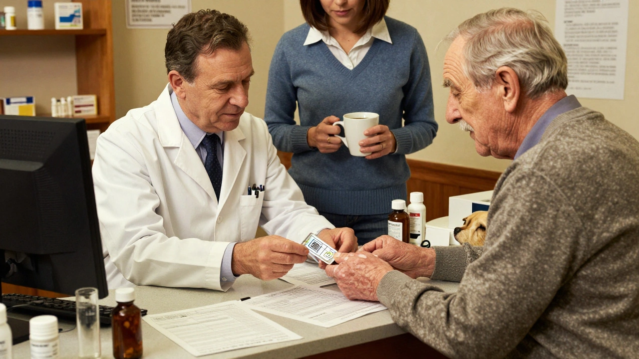 Pharmacist showing a QR blister pack to an older man and his caregiver in a cozy pharmacy setting.