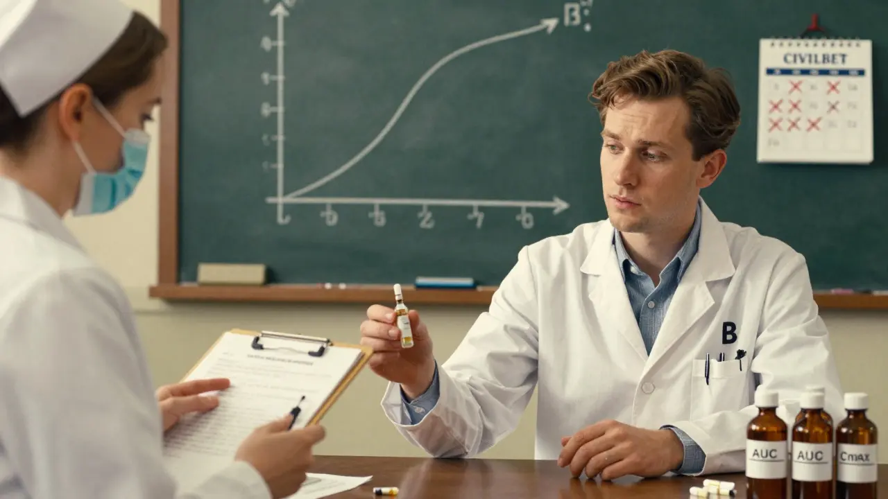 Same person receiving two different drugs in separate sessions, with medical charts and a washout calendar visible.