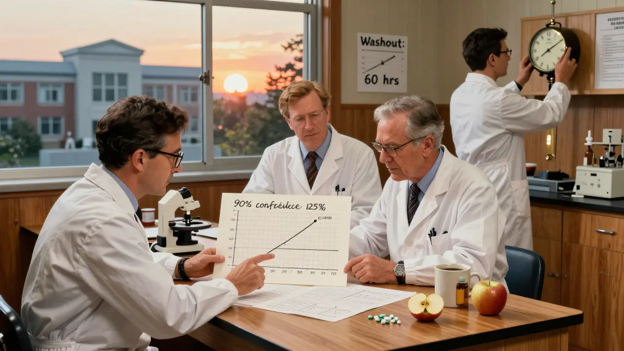 Scientists analyzing bioequivalence data on paper charts in a cozy, vintage-style laboratory.