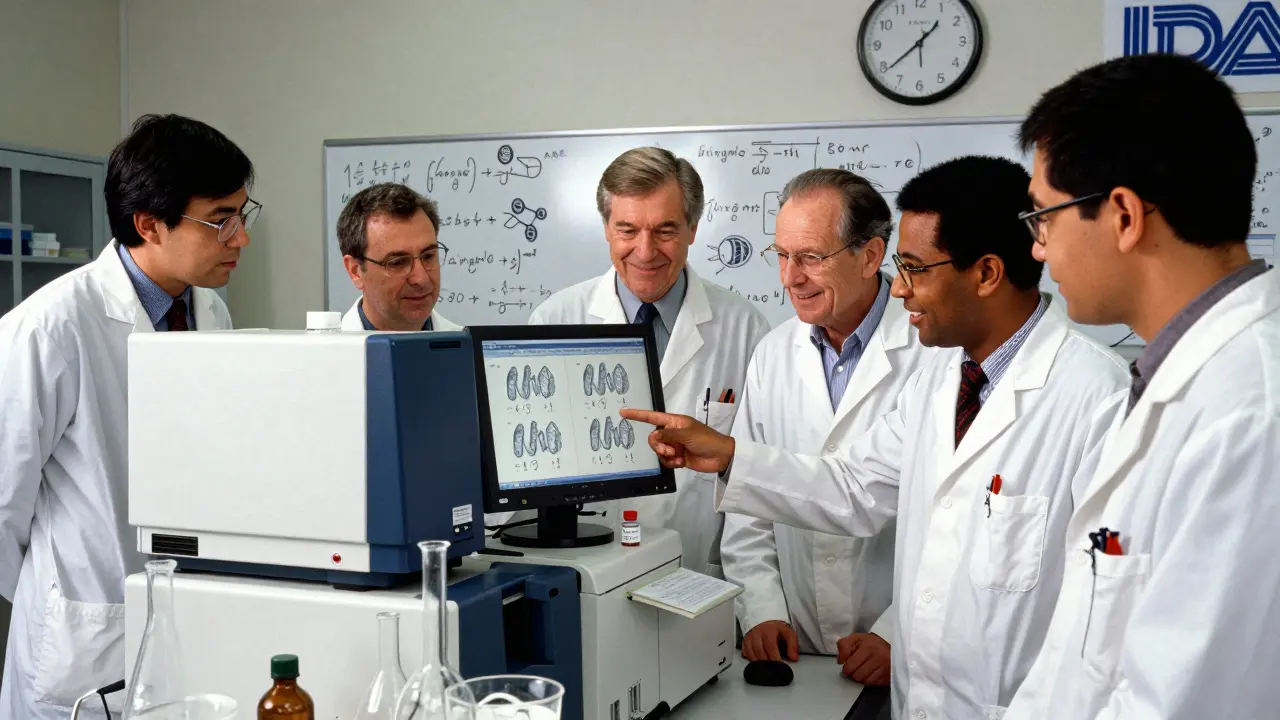 Scientists examine molecular data in a lab, comparing a biologic and its biosimilar using advanced equipment under warm laboratory lighting.