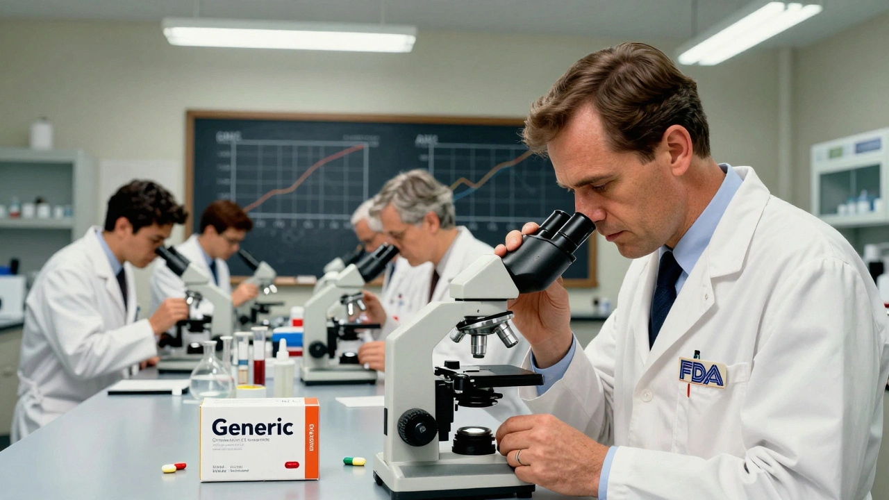 Scientists in a lab analyzing blood samples and reviewing bioequivalence data for generic drugs.