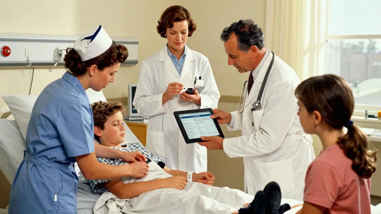 Three healthcare providers verifying a child's weight at bedside, with parent watching in relief.