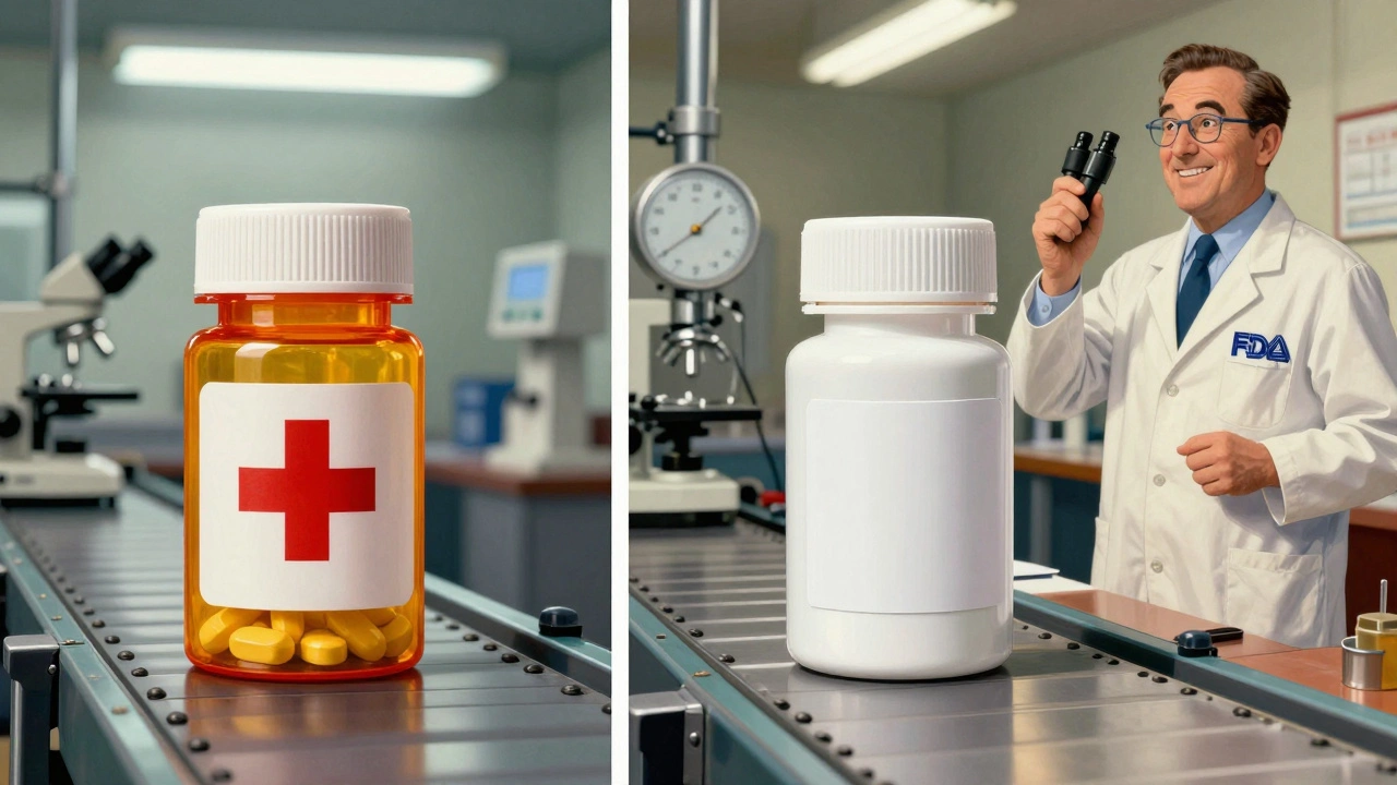 Two identical pill bottles side by side, one branded and one plain, coming from the same factory.