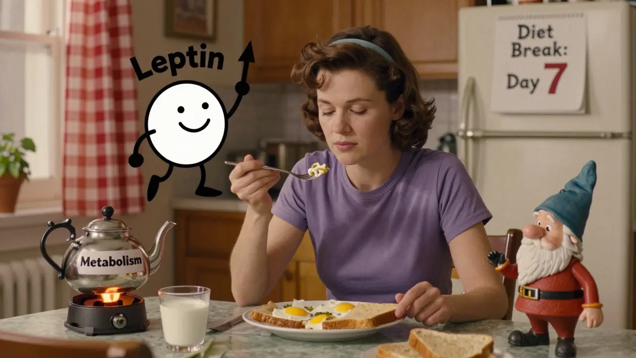 Woman eating breakfast with smiling leptin sprite nearby, calm and restored.
