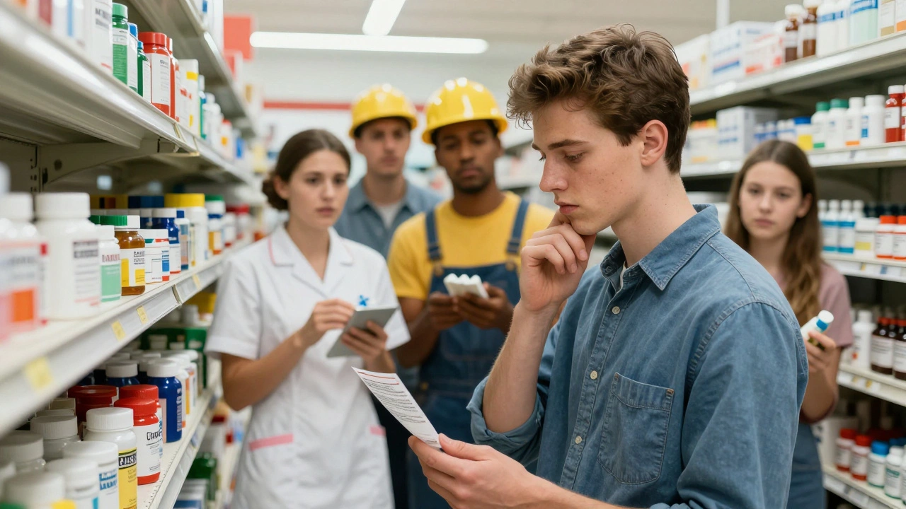 Young man reading vision warning on OTC medicine bottle in pharmacy, others holding pills nearby.