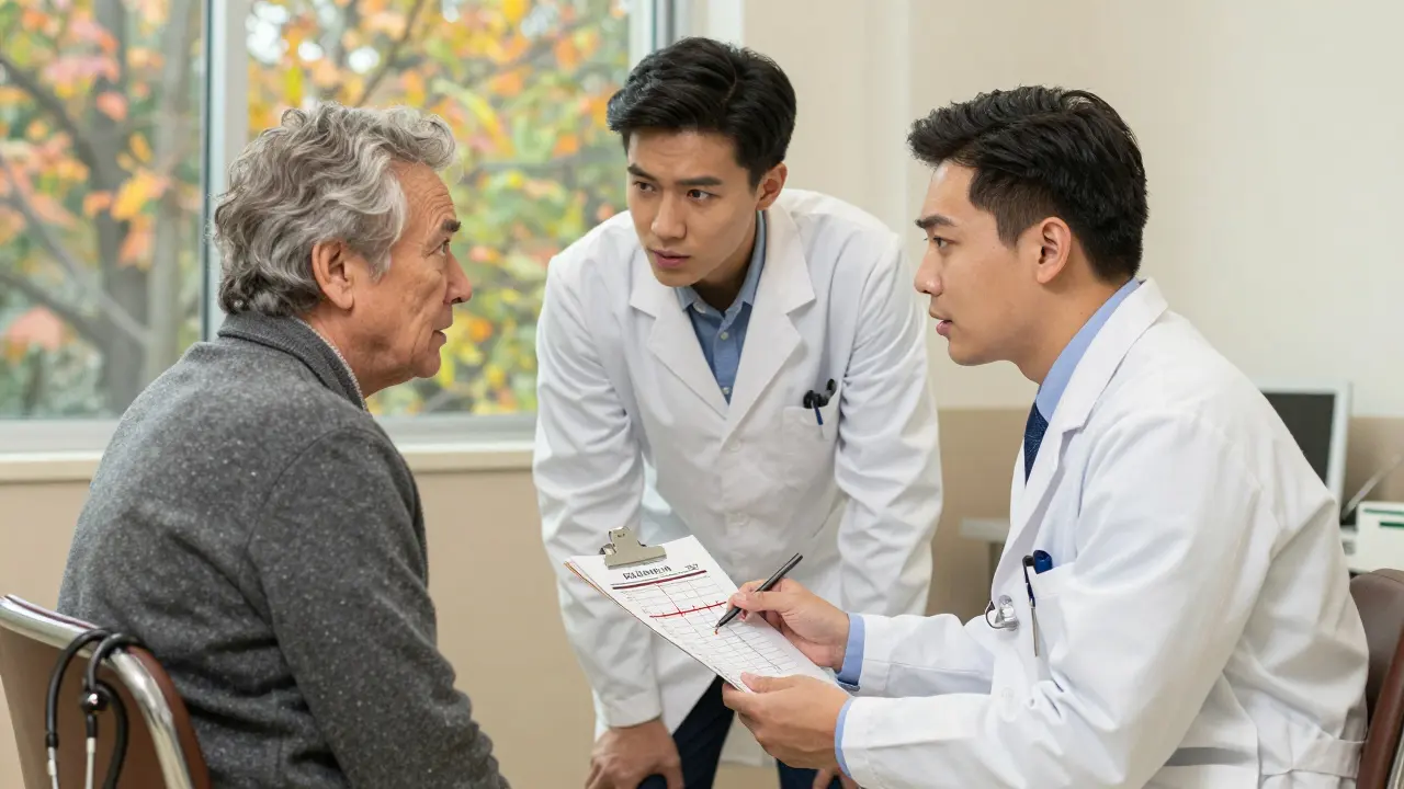 A cardiologist explains digoxin risks to a patient, with a timeline showing long-term interaction effects.