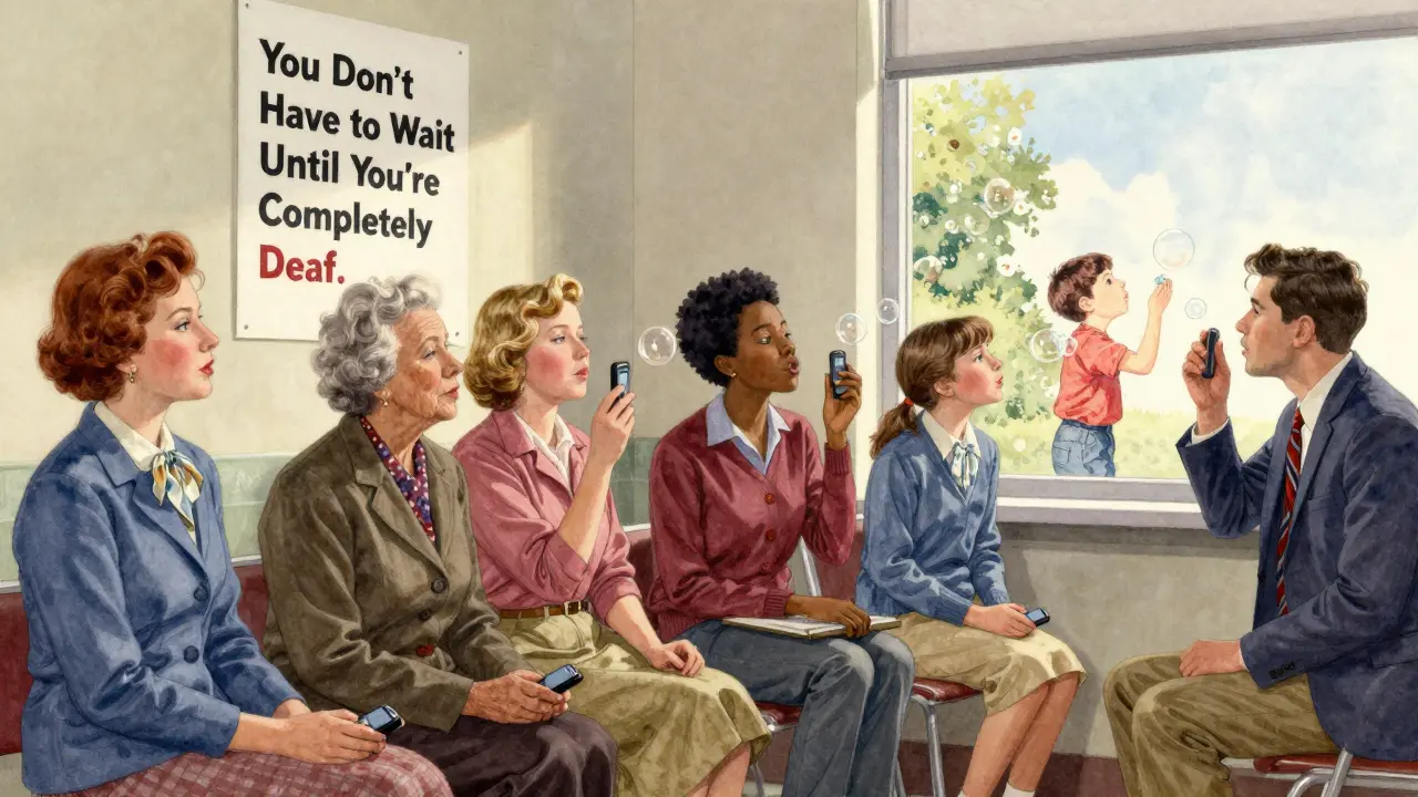 A diverse group of patients waiting in a clinic, looking out a window at children playing.