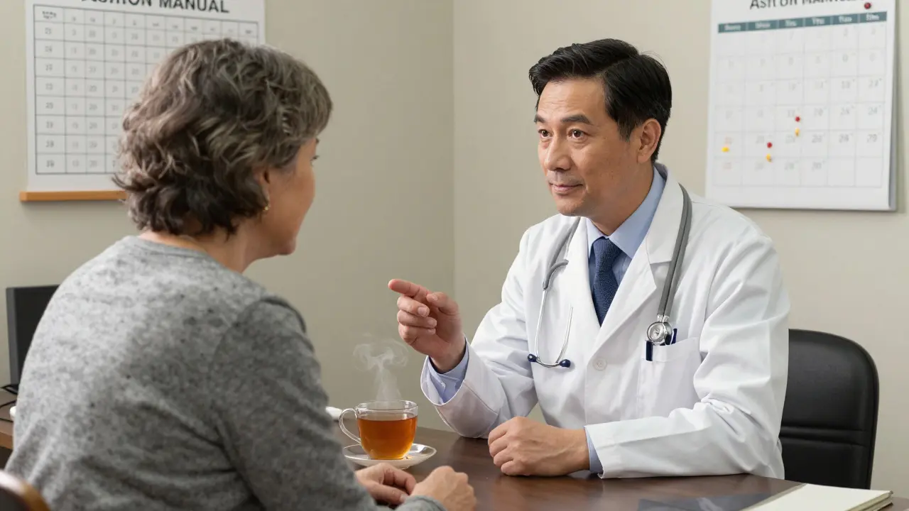 A doctor and patient discussing a tapering plan in a clinic with a medical chart on the wall.